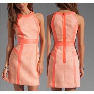 MILLY Coral Peach Orange Tweed Woven Linen Blend Lined Shift Halter Dress Size 2